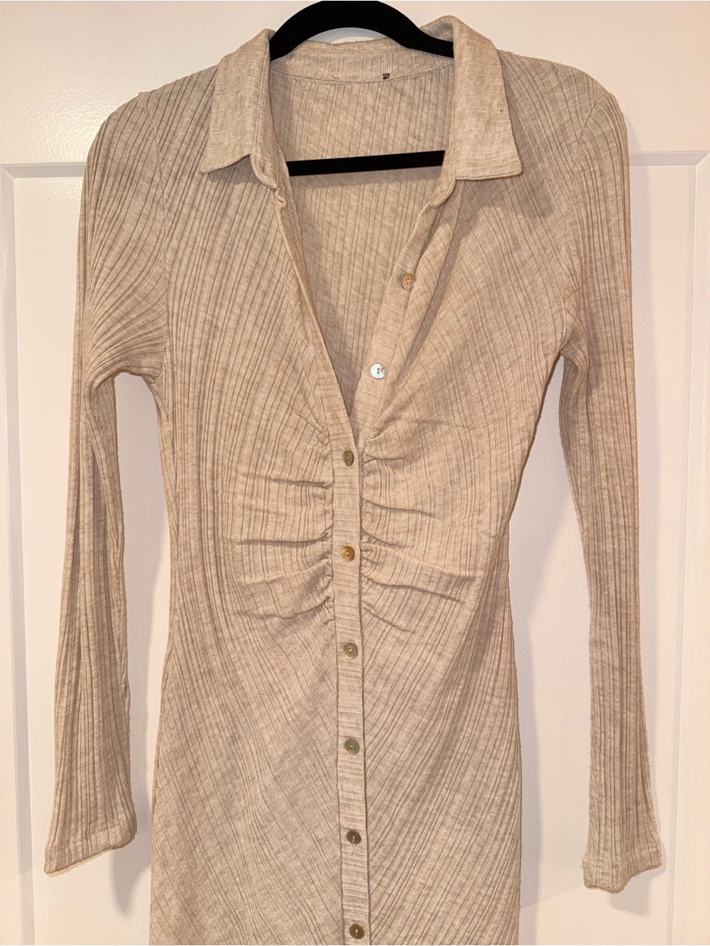 PrettyLittleThing Beige Ribbed Long Sleeve Button-Front Midi Dress - Picture 2 of 3